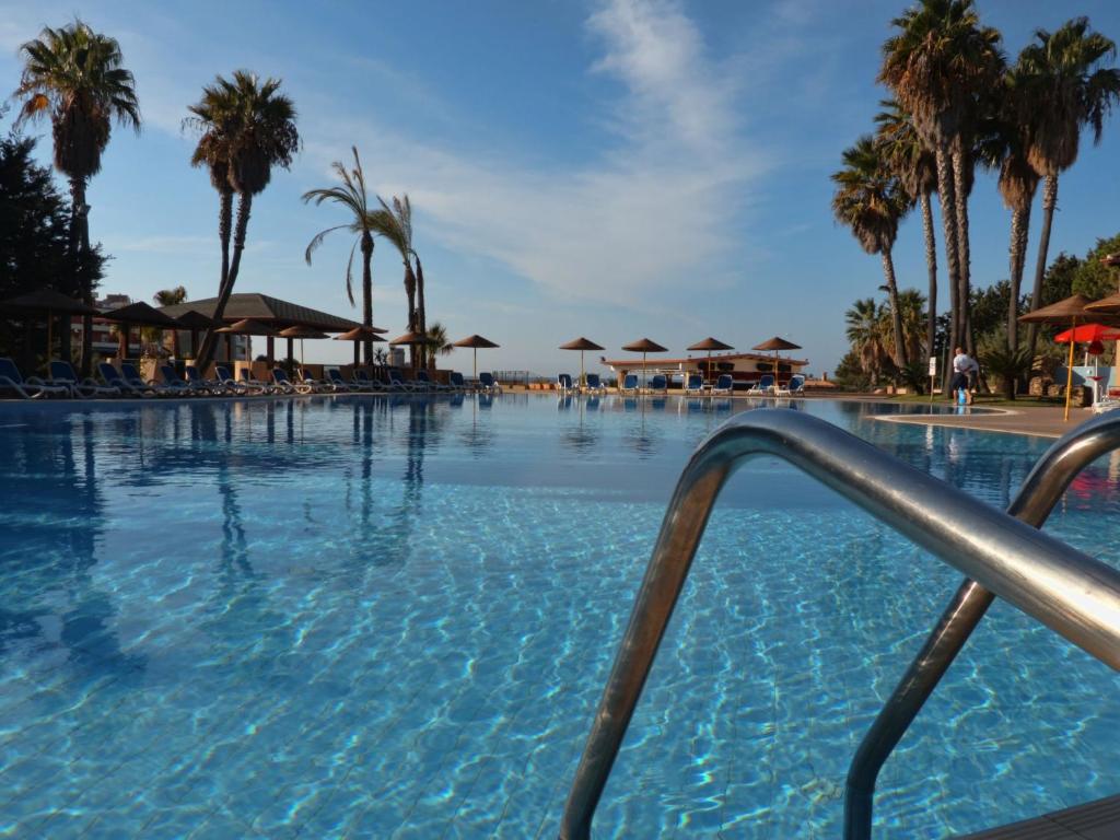 Lieliska skats uz baseinu ar palmām un sauļošanās krēsliem, kas gaida apmeklētājus. Skats uz skaidru debesu fonu un relaksējošu atmosfēru.