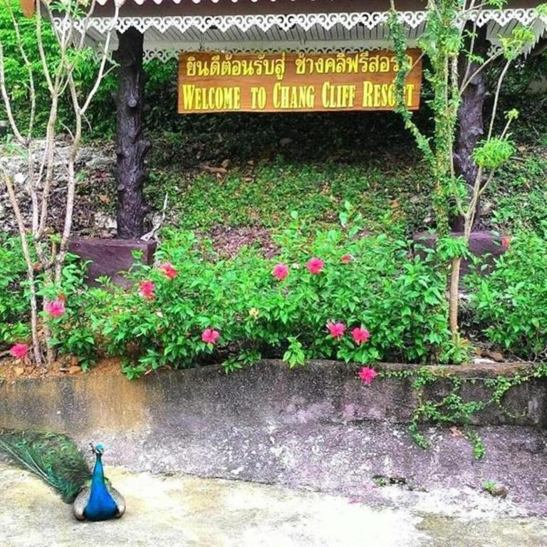 Peacock standing in front of a welcoming sign for Chang Cliff Resort, surrounded by lush greenery and colorful flowers.