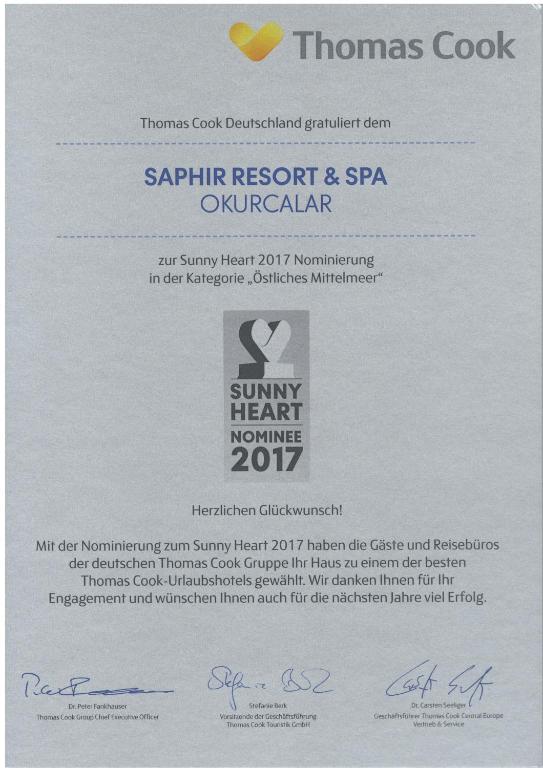 Diploms par nomināciju Saphir Resort & Spa 2017. gadā, Sunny Heart.