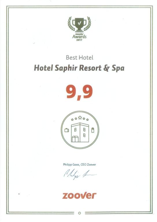 Balva par labāko viesnīcu - Hotel Saphir Resort & Spa, 2017.