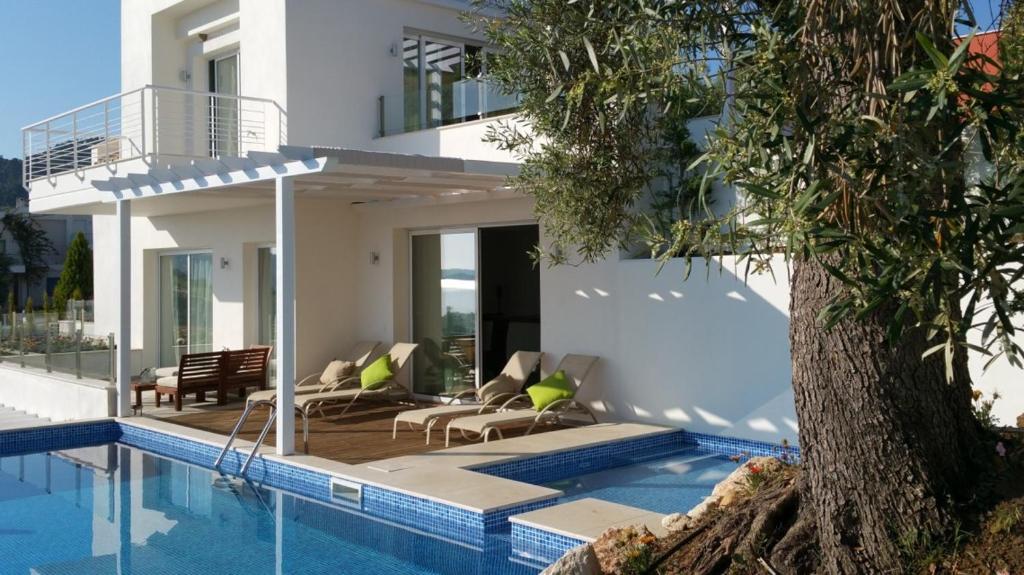 Mūsdienīga villa ar baseinu, saulessargiem un terasi, ko ieskauj olīvkoki. Mierīga atmosfēra un skaists ainavas skats.