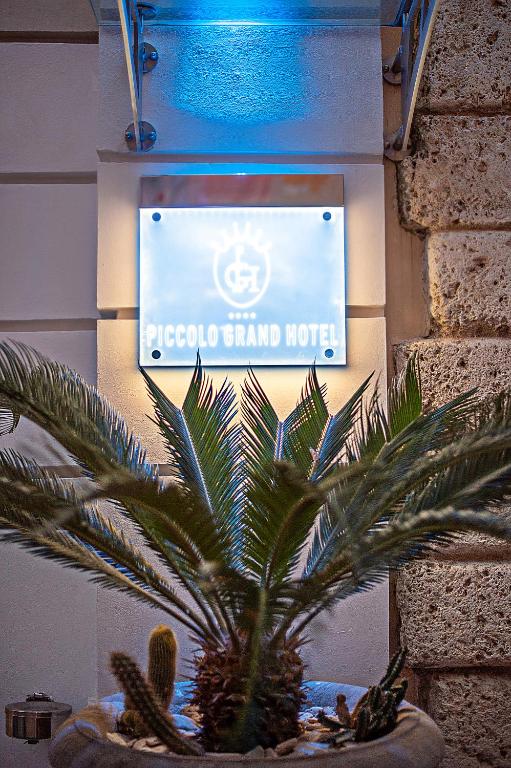 Piccolo Grand Hotel zīme apgaismota ar zilu gaismu, ar tropisko augu podiņā priekšplānā.