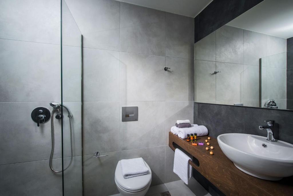 Mūsdienīgs vannas istabas interjers ar dušu, tualeti un elegantu izlietni. Uz plaukta redzami dvieļi un aromātiskās eļļas, radot relaksējošu atmosfēru.