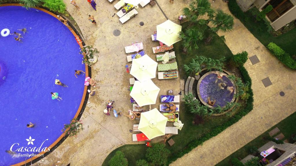 Peldbaseins ar zilu ūdeni un saules gultām, apņemti ar zaļiem augiem. Apkārt pulcējas cilvēki, baudot atpūtu un peldēšanu.