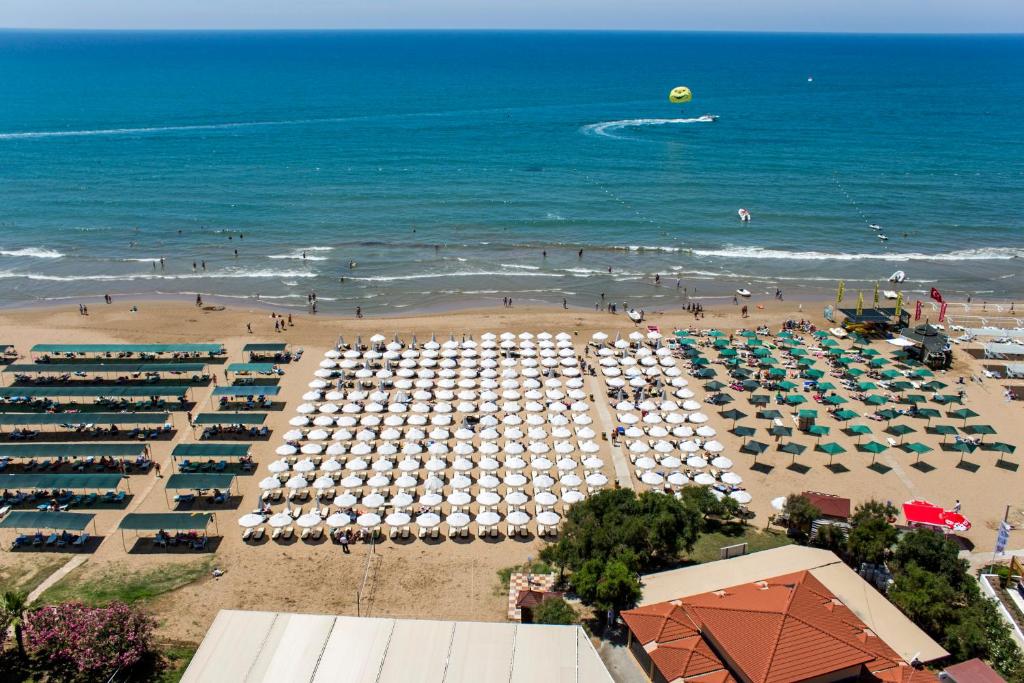 Pludmale ar saulessargiem un atpūtas krēsliem pie Alba Resort Hotel