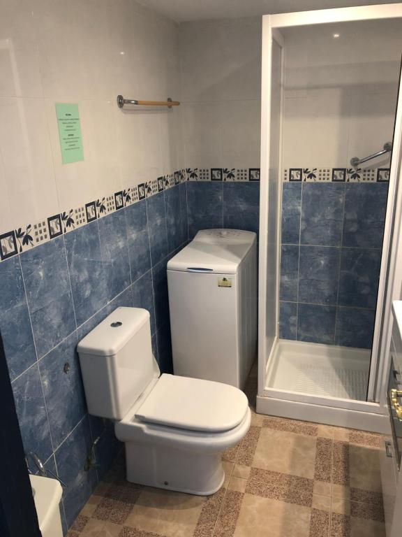 Mūsdienīgs vannas istabas interjers ar zilu flīžu apdari, tualeti, veļas mašīnu un dušu. Ideāli piemērots funkcionālam mājas dizainam.