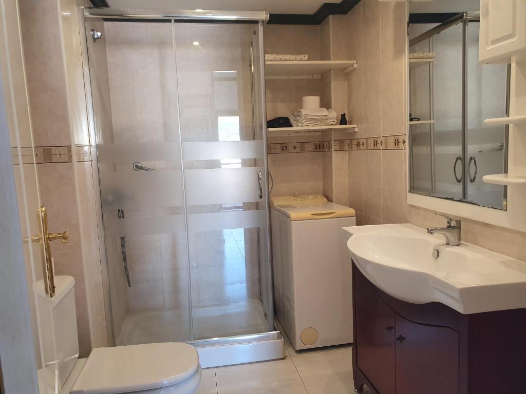 Mūsdienīga vannas istaba ar dušu, tualeti un izlietni, kas aprīkota ar glabāšanas plauktiem un veļas mašīnu. Elegants dizains un gaiša krāsu palete rada patīkamu atmosfēru.