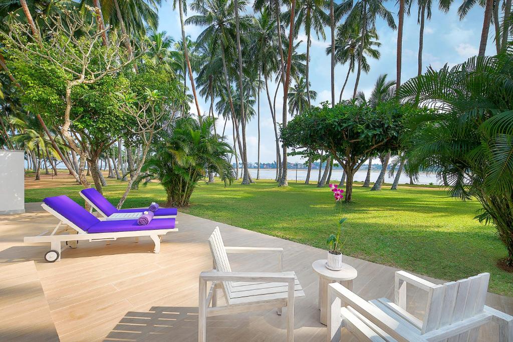 Atpūtas zona ar purpura krāsas sauļošanās krēsliem un baltām mēbelēm, apzaļumotā teritorijā ar palmām un zālāju. Fons ar ūdens krastu un debesīm, kas rada mierīgu atmosfēru.