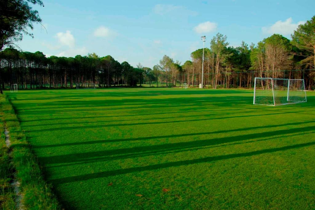 Futbola laukums pie Sueno Hotels Golf Belek, ieskauts meža ainavā.