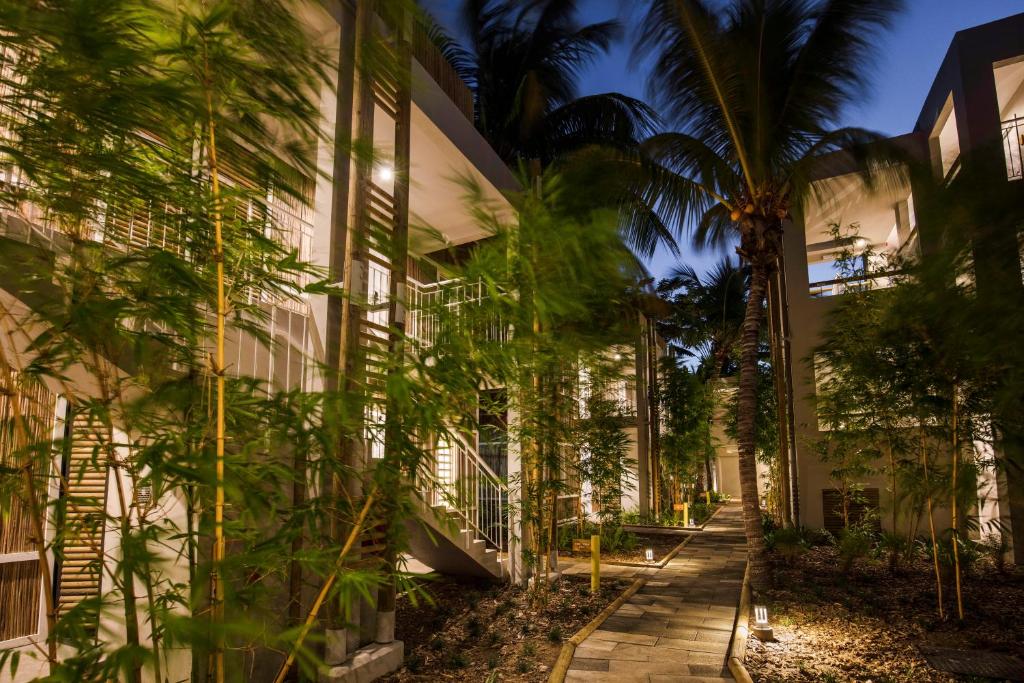 Veranda Tamarin Hotel & Spa apgaismots takas starp palmu un bambusa kokos.