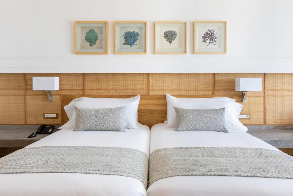 Mūsdienīgs viesnīcas numurs ar divām gultām, dekorēts ar dabas motīviem. Uz sienas ir trīs rāmī ietverti augu attēli, kas piešķir telpai elegantu izskatu.