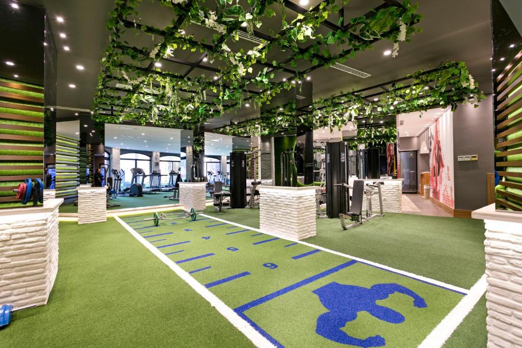 Mūsdienīgs sporta zāles interjers ar zaļo zālienu un trenažieriem Limak Arcadia Sport Resort.