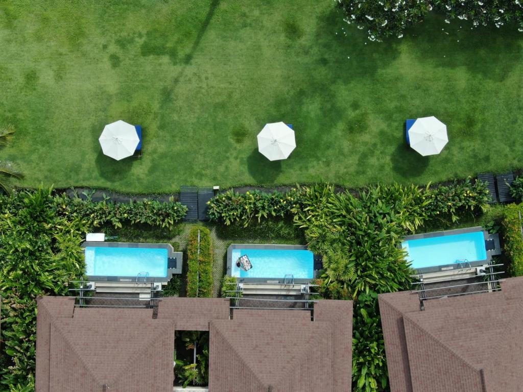 Viegla gaisa skats uz divām peldbaseiniem, kas ieskauti zaļā zālienā un augiem, ar baltām lietussargiem blakus. Ideāla vieta atpūtai un relaksācijai.