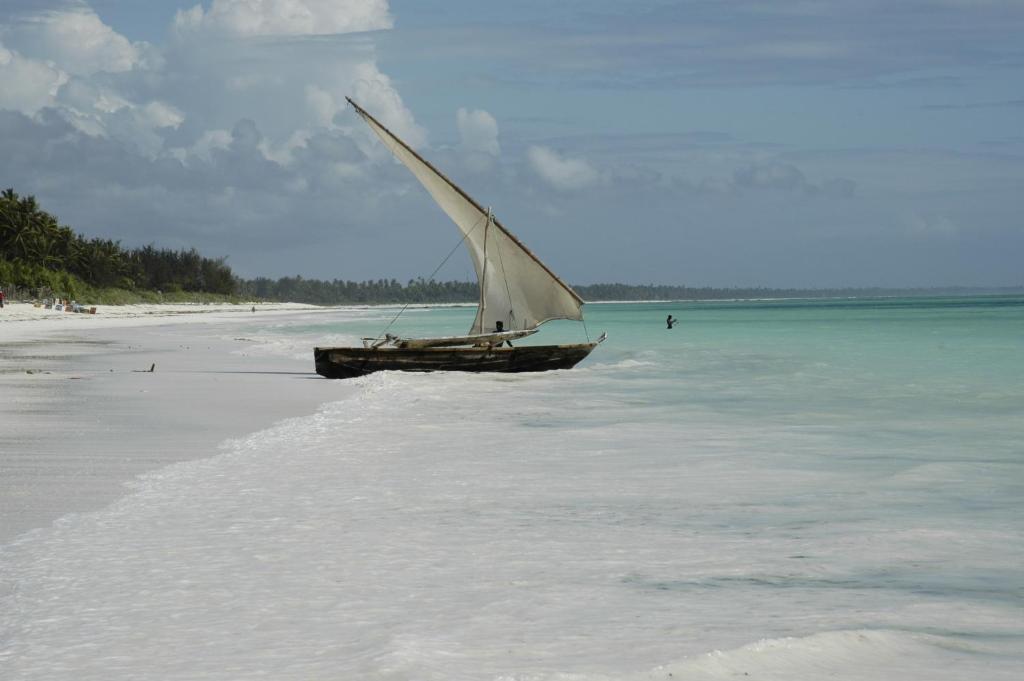 Dhow laiva pie balto smilšu pludmales pie Ocean Paradise Resort & Spa.
