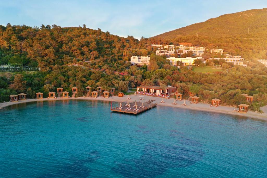 Rixos Premium Bodrum pludmale ar koka paviljoniem un skatu uz zilo ūdeni.