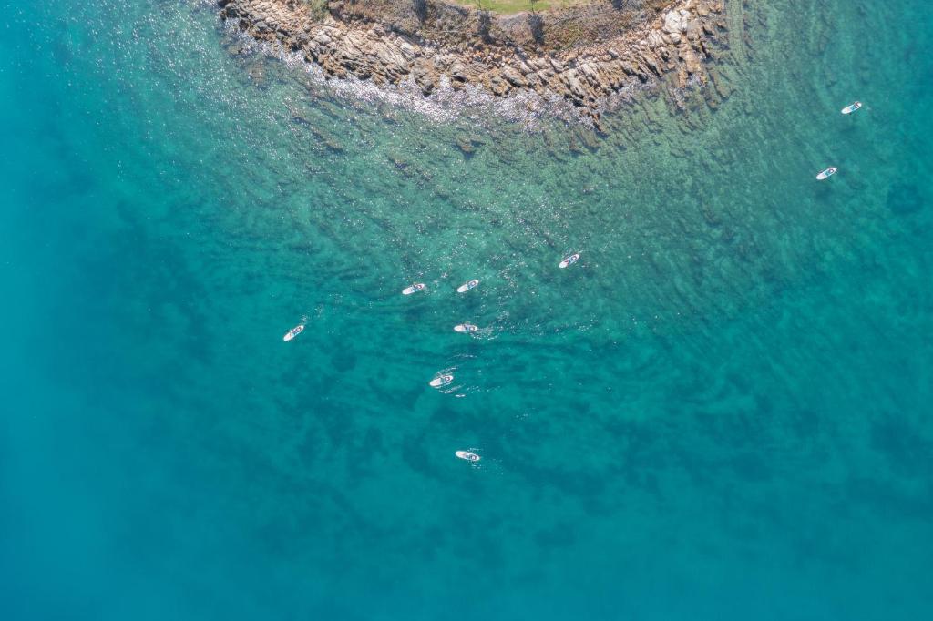 Rixos Premium Bodrum piekrastē ar laivām turquoise ūdenī.