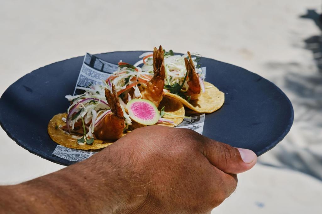 Trauku ar garnelēm un dārzeņu salātiem uz tortiljas, turot rokā.