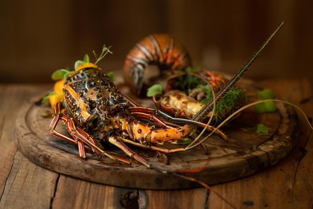 Lobster presented on a wooden platter, garnished with fresh herbs and citrus slices, showcasing a rich and inviting seafood dish.