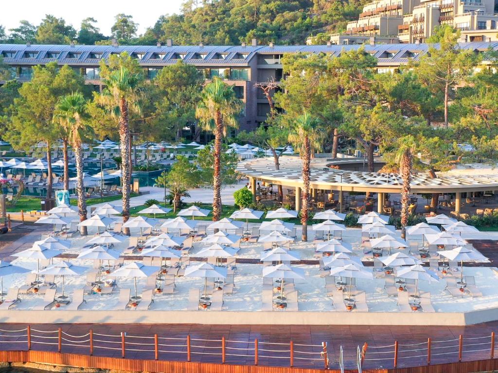 Vasaras sezona viesnīcā NG Phaselis Bay ar saules krēsliem piekrastē.