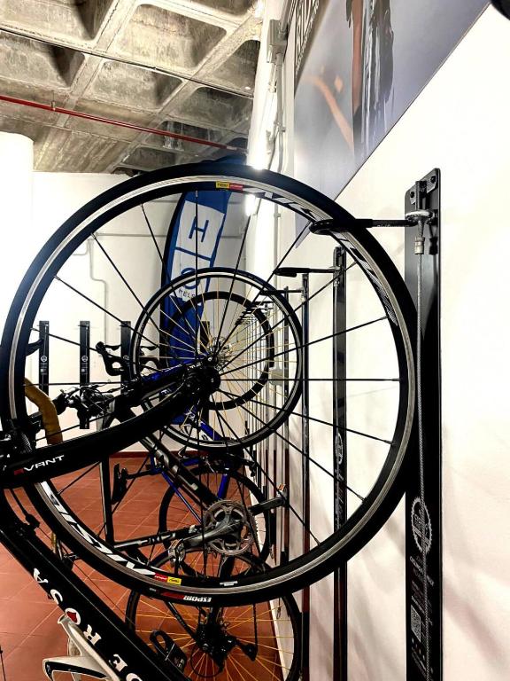 Riteņu stends ar vairākām velosipēdu riepām, kas pakārtotas pie sienas. Fons ar sporta aprīkojumu un reklāmas elementiem.