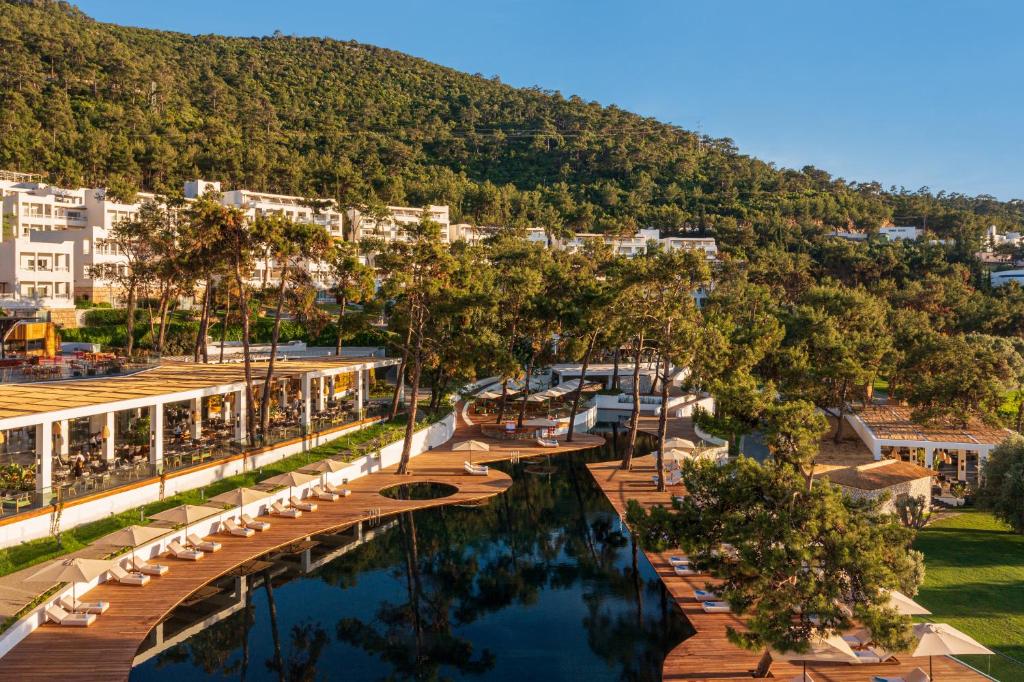 Skats uz baseinu un restorānu Rixos Premium Bodrum ar pineļu mežu fonā.