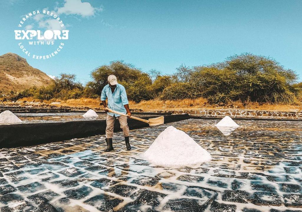 Vīrietis strādā sāls lauku Veranda Tamarin Hotel & Spa apkārtnē.