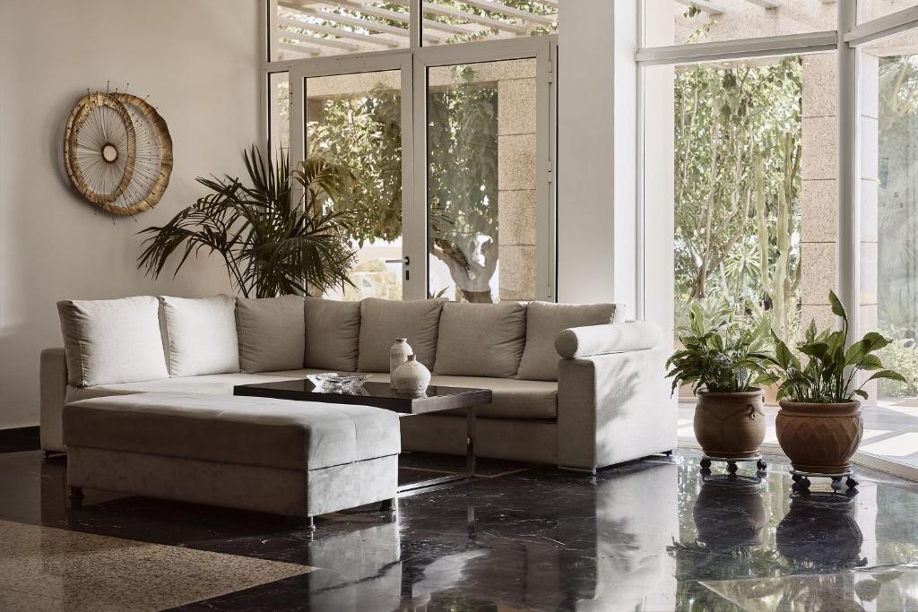 Mūsdienīgs viesistabas interjers ar pelēku dīvānu, melnu galdu un zaļām telpaugiem, kas rada relaksējošu atmosfēru. Lielie logi ļauj ieplūst dabīgajai gaismai, papildinot telpu ar svaigumu.