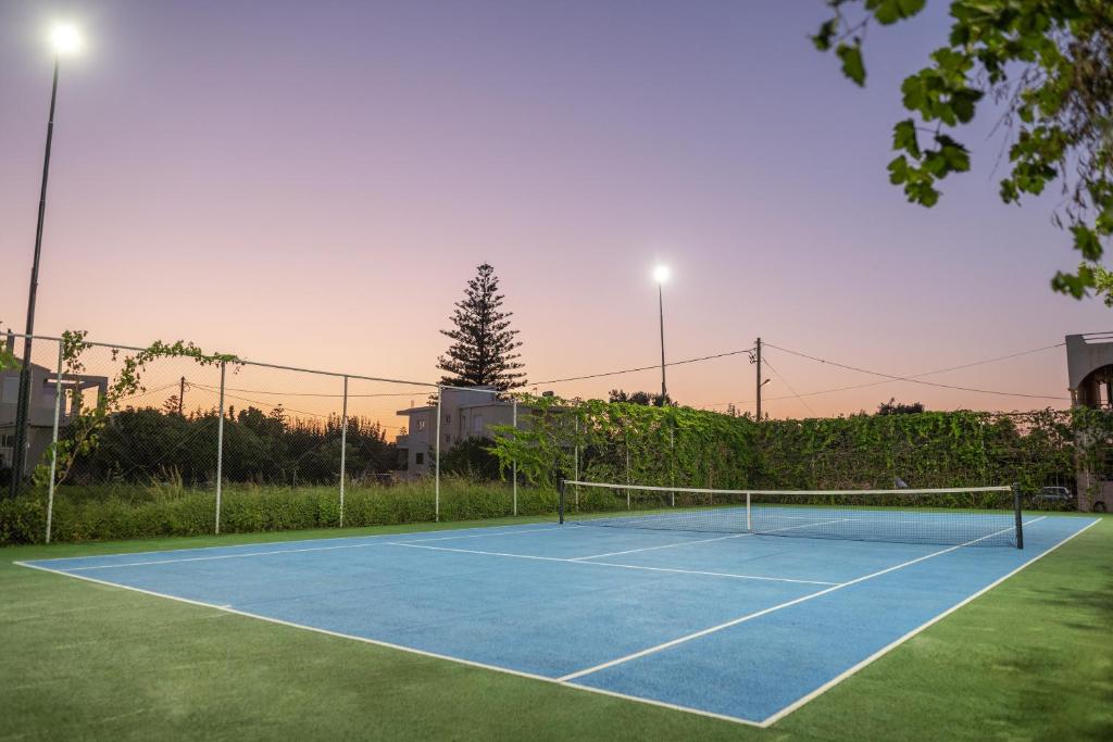 Tennis laukums ar zilu segumu, apgaismots vakarā, ar saulrieta krāsām debesīs un apkārtējo zaļumu.