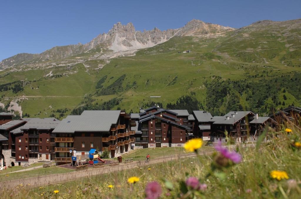 Kalnu ainava ar modernām ēkām un ziedošām pļavām, kas atrodas Alpos. Fona kalni ir iespaidīgi un zaļi, radot mierīgu un skaistu vidi.