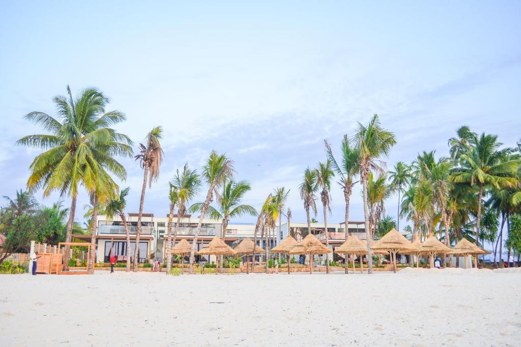 TOA Hotel & Spa piekrastē ar palmām un pludmali.