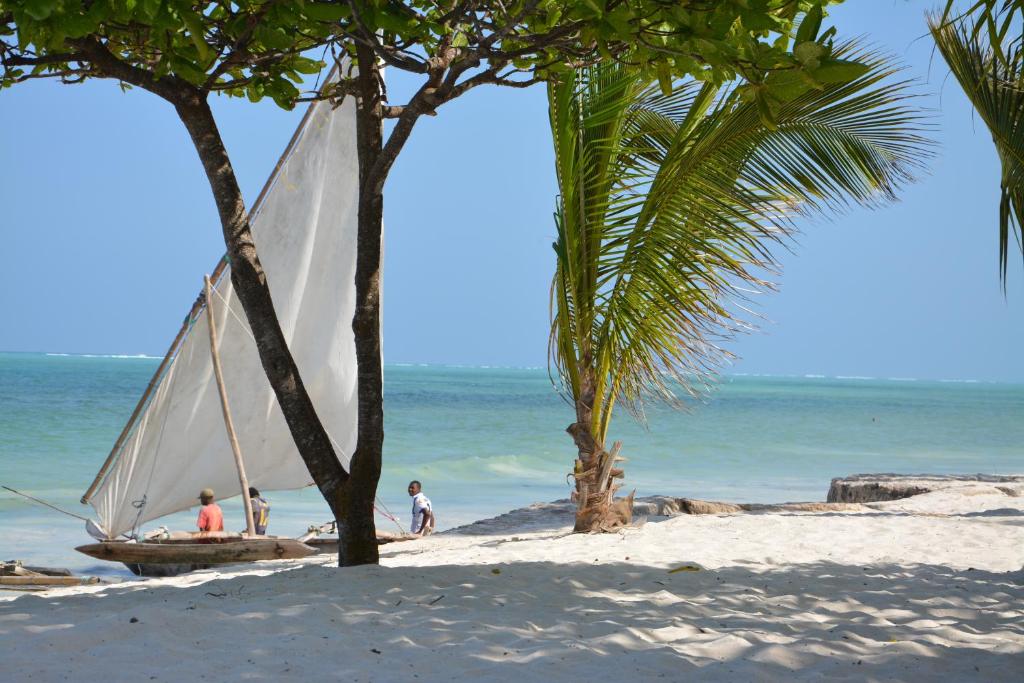 Pludmale pie Neptune Pwani Beach Resort & Spa ar tradicionālu buru laivu.