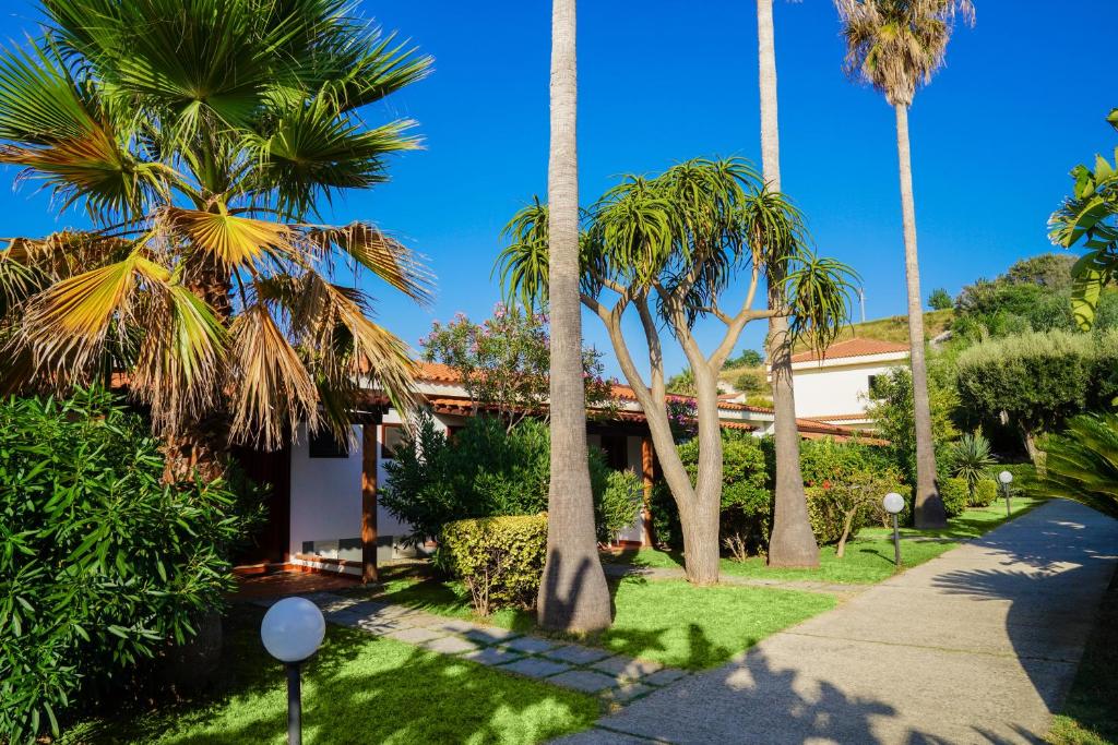 Zaļš dārzs ar palmām un zemu krūmu apstādījumiem, kurā redzami ceļi un mājas, zem skaidra zila debesu fona.