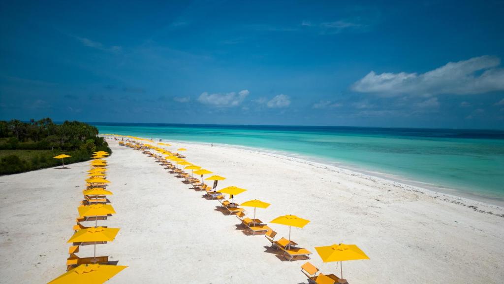 Pludmale ar dzelteniem saulessargiem pie The Mora Zanzibar.