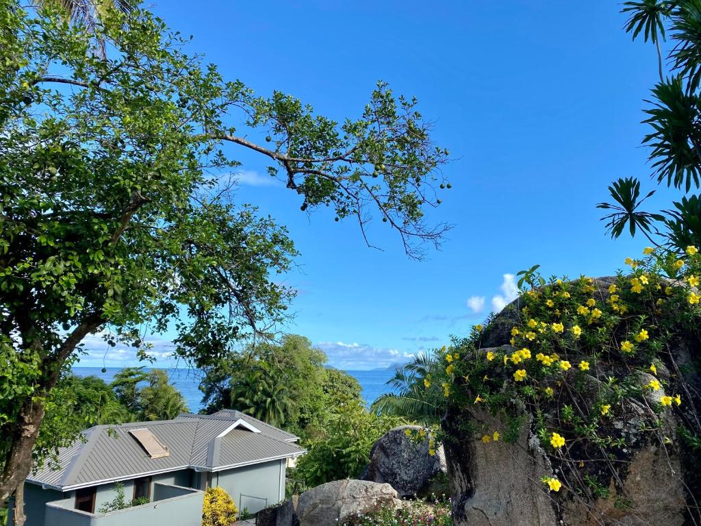 Skats uz zilo jūru, ko ieskauj zaļi koki un ziedi, ar mūsdienīgu māju priekšplānā. Ideāli piemērots tropu ainavai.