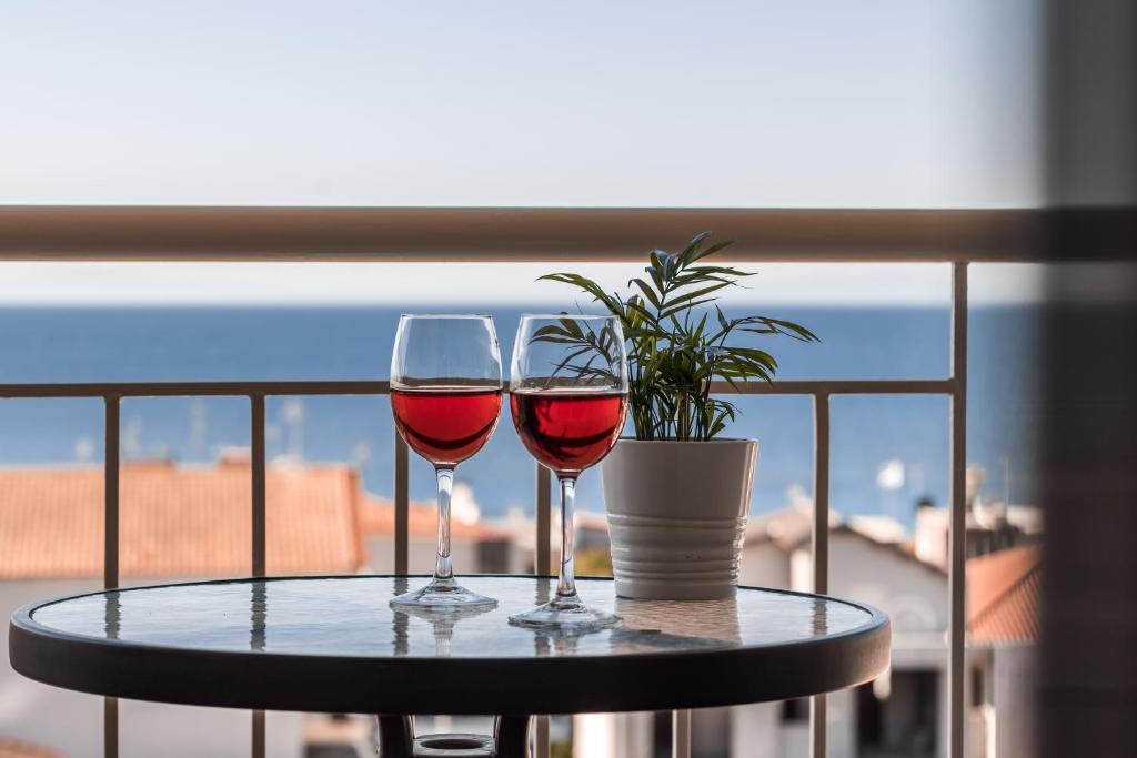 Divi sarkanie vīna glāzes uz balkona galda ar skatu uz jūru. Uz galda ir arī neliels podiņš ar zaļu augu.