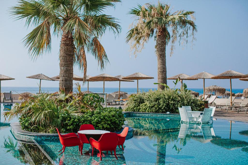 Mare Ayia Napa baseins ar palmu kokiem un sauļošanās krēsliem