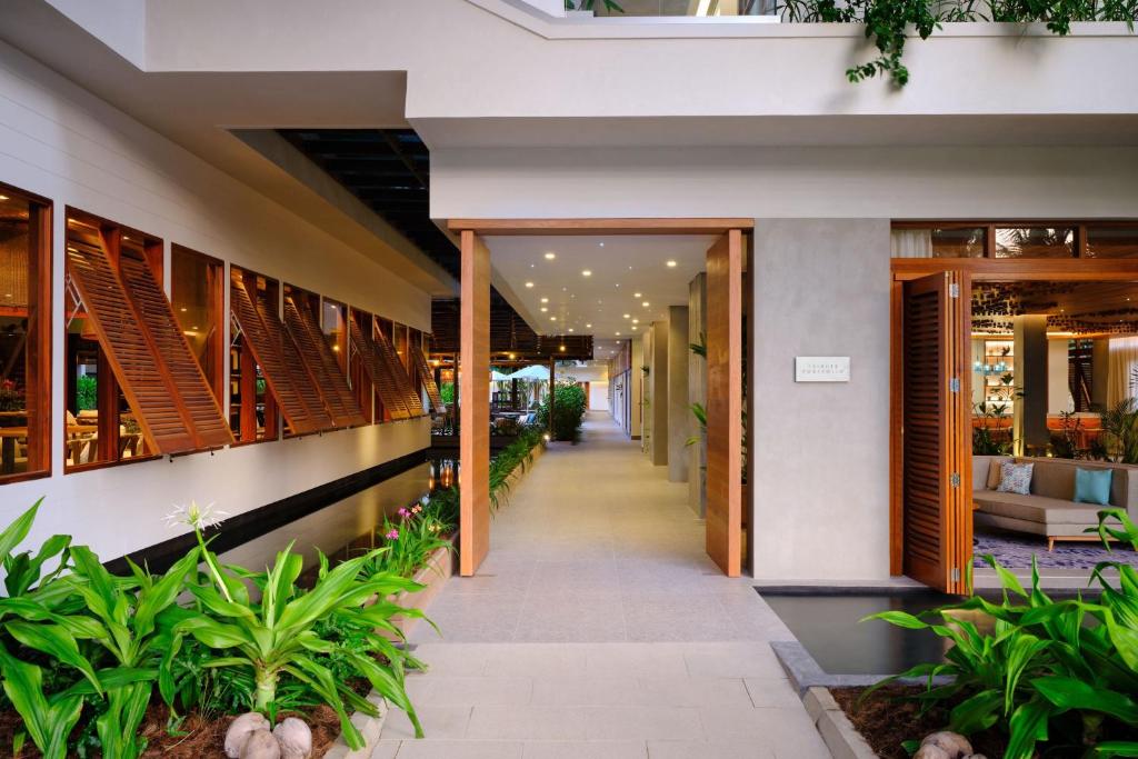 Mūsdienīga viesnīcas iekārtojuma ieeja ar koka logiem un zaļiem augiem, radot relaksējošu atmosfēru. Apgaismojums un interjera elementi izceļ modernu dizainu.