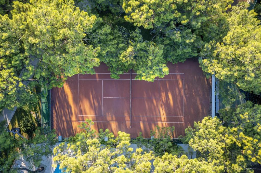 Tenisa laukums Mirada Del Mar Hotel, iestādīts zaļajā ainavā.