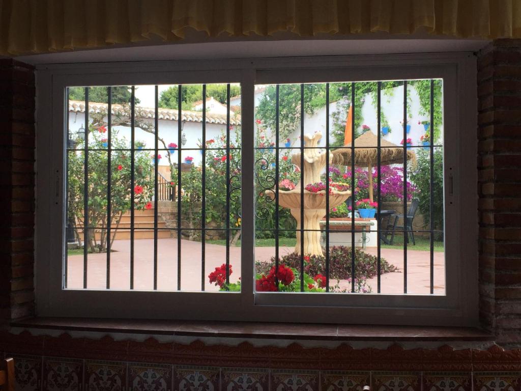 Loga skats uz skaistu dārzu ar strūklaku, ziediem un dārza mēbelēm, kas norobežots ar metāla restēm. 