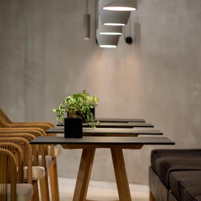 Mūsdienīga interjera telpa ar koka galdiem un augu dekoru, kas izceltas zem stilīgām gaismām. Ideāla atmosfēra relaksācijai un sociālām tikšanās reizēm.