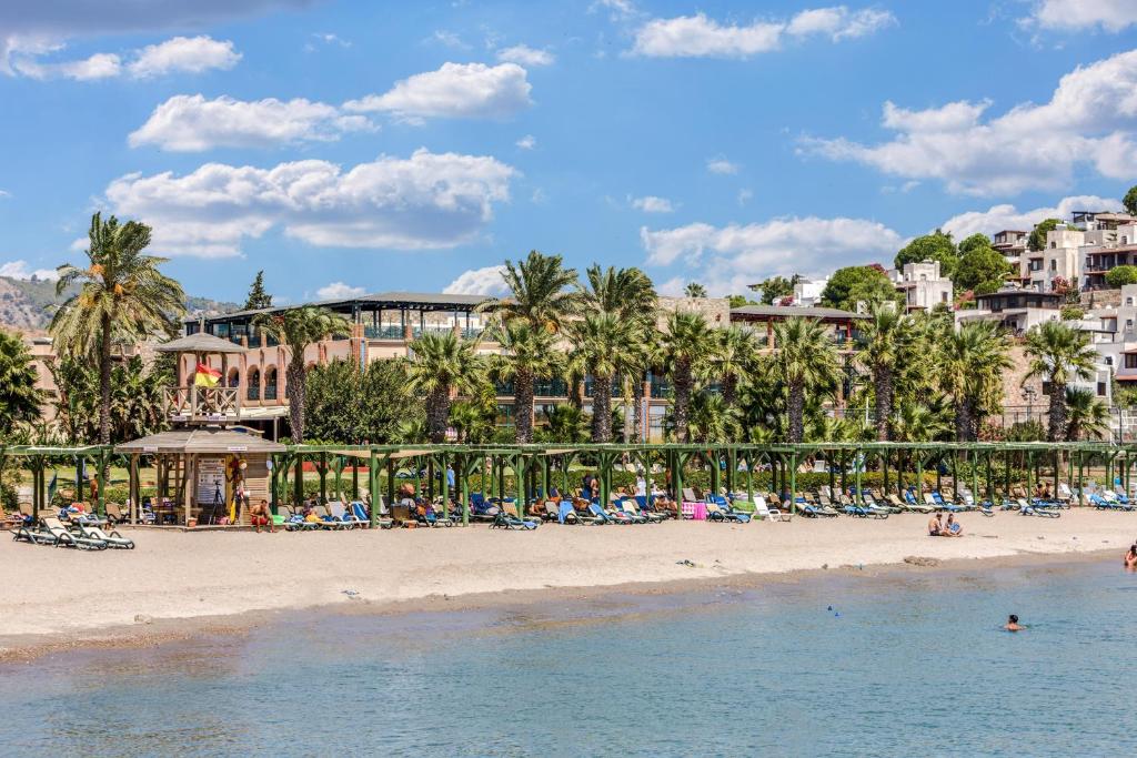 Kairaba Bodrum Imperial pludmale ar palmām un sauļošanās krēsliem