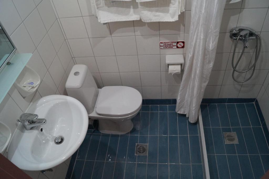 Vannas istaba ar tualeti un dušu, kurā ir balts izlietnes un flīžu grīda. Iekārtojums ir vienkāršs un funkcionāls, ar tīrām līnijām un gaišām krāsām.