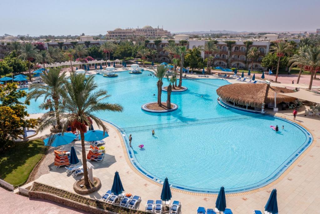 Desert Rose Resort baseins ar palmām un atpūtas krēsliem