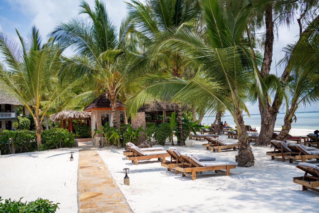 Pludmales zona ar atpūtas krēsliem viesnīcā Michamvi Sunset Bay.