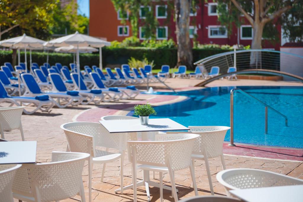 Baseina zona ar zilām sauļošanās krēslām un baltām galdiem, kur centrā novietots augs. Apkārt ir saulaini laika apstākļi un zaļš apstādījums.