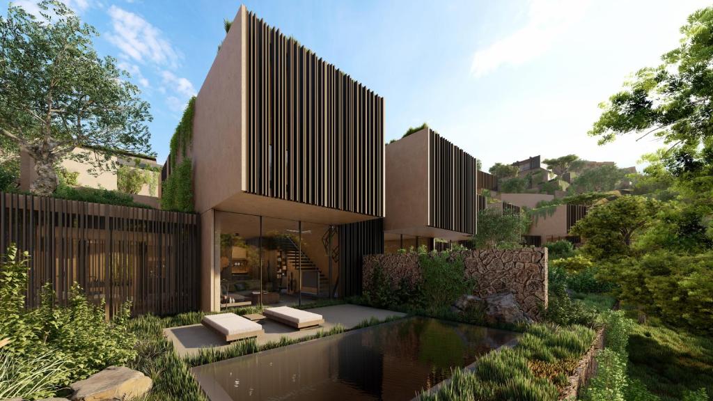 Mūsdienīga arhitektūra pie Lujo Hotel Bodrum ar ainavu un dārzu.