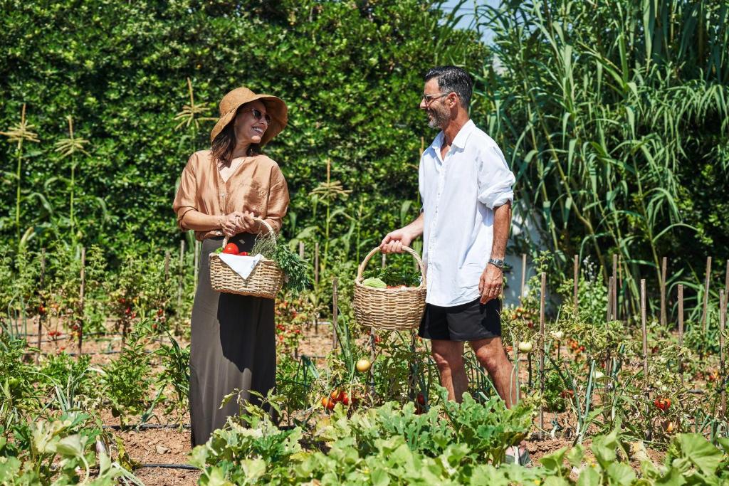 Pāris, kas stāv dārzā, smaidot un turot grozus ar dārzeņiem. Apkārt ir zaļi augi un dārzeņi, kas liecina par ražīgu sezonu.