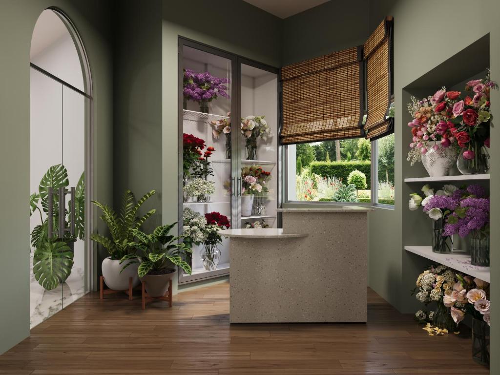 Ziedu veikals ar svaigiem ziediem un zaļumiem The GrandResort Limassol Cyprus