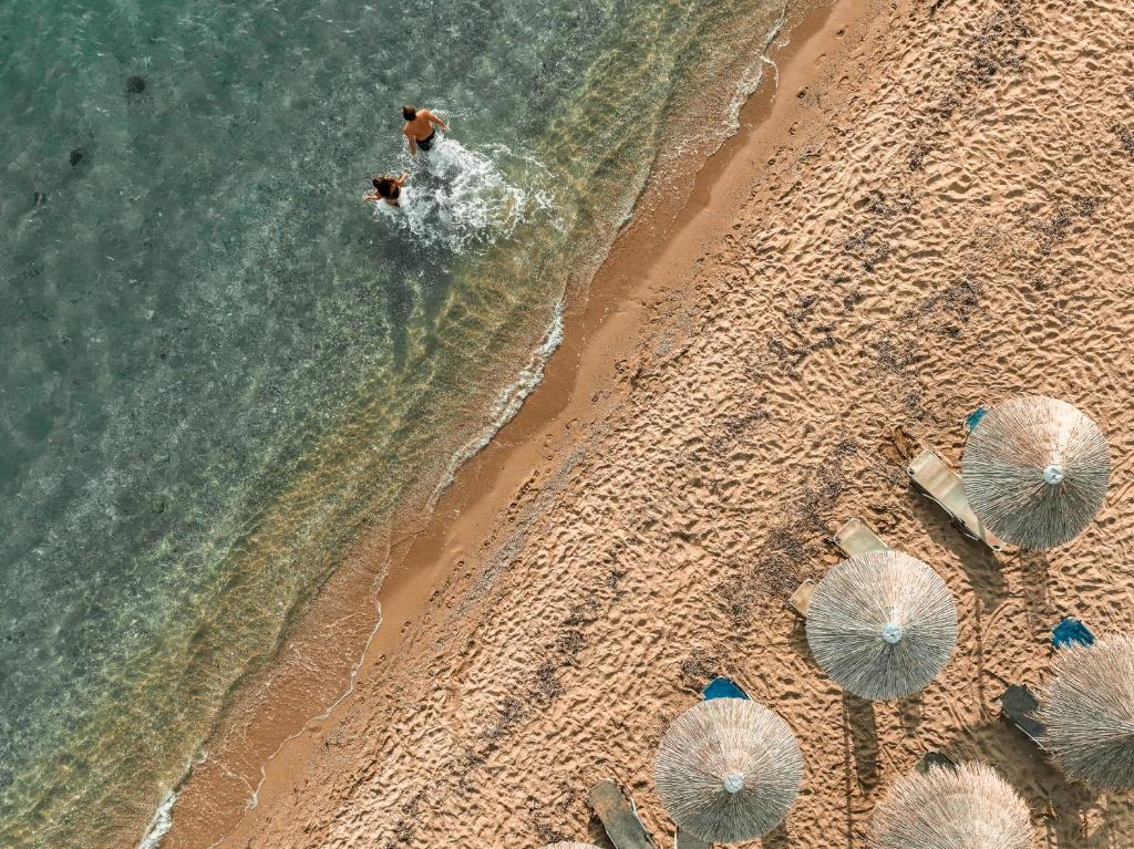 Pludmales skats no augšas ar diviem cilvēkiem, kas peld ūdenī, un saulessargiem krastā.