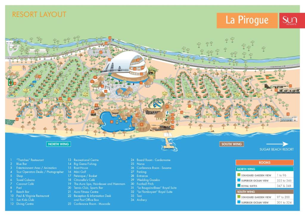 Resorta plāns "La Pirogue" parāda Ziemeļu un Dienvidu spārnus, viesnīcas numurus un ēdināšanas iespējas, kā arī izklaides un sporta aktivitātes, piemēram, mini golfa laukumu un baseinu. Plāns ir pārskatāms un viegli orientējams.